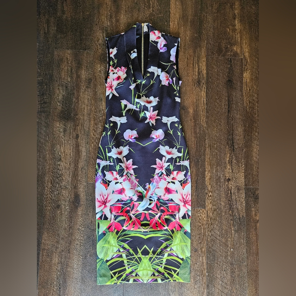 Ted Baker Black and Pink Floral Midi Dress